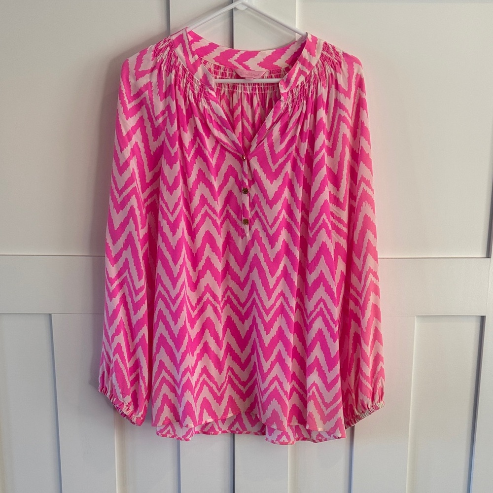 Lilly Pulitzer Pink and White Chevron Elsa Silk Top